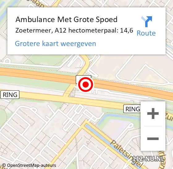 Locatie op kaart van de 112 melding: Ambulance Met Grote Spoed Naar Zoetermeer, A12 hectometerpaal: 14,6 op 8 mei 2024 11:41