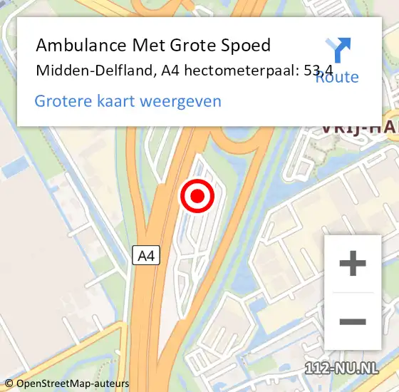 Locatie op kaart van de 112 melding: Ambulance Met Grote Spoed Naar Midden-Delfland, A4 hectometerpaal: 53,4 op 8 mei 2024 14:29