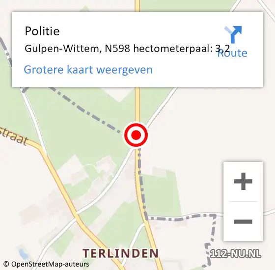Locatie op kaart van de 112 melding: Politie Gulpen-Wittem, N598 hectometerpaal: 3,2 op 8 mei 2024 14:50
