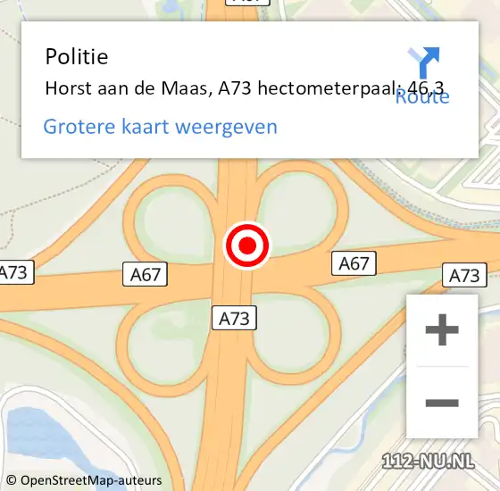 Locatie op kaart van de 112 melding: Politie Horst aan de Maas, A73 hectometerpaal: 46,3 op 8 mei 2024 14:55
