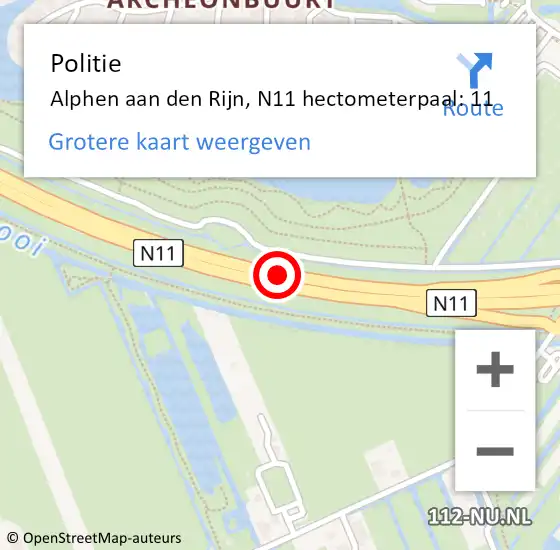 Locatie op kaart van de 112 melding: Politie Alphen aan den Rijn, N11 hectometerpaal: 11 op 8 mei 2024 15:57