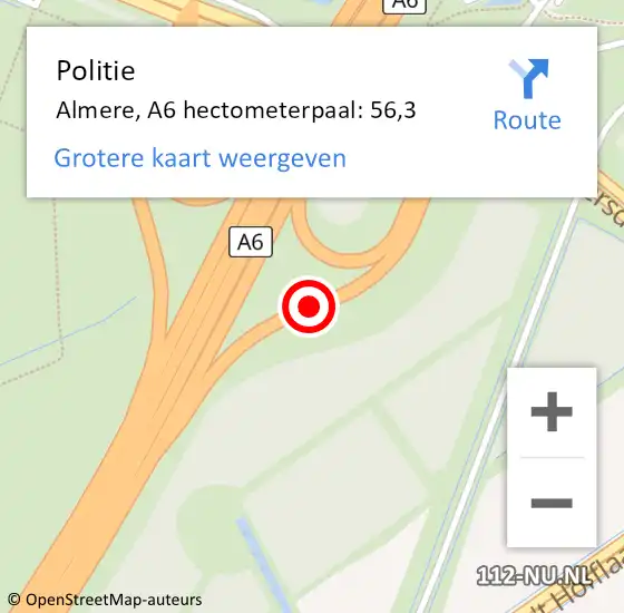 Locatie op kaart van de 112 melding: Politie Almere, A6 hectometerpaal: 56,3 op 8 mei 2024 17:08