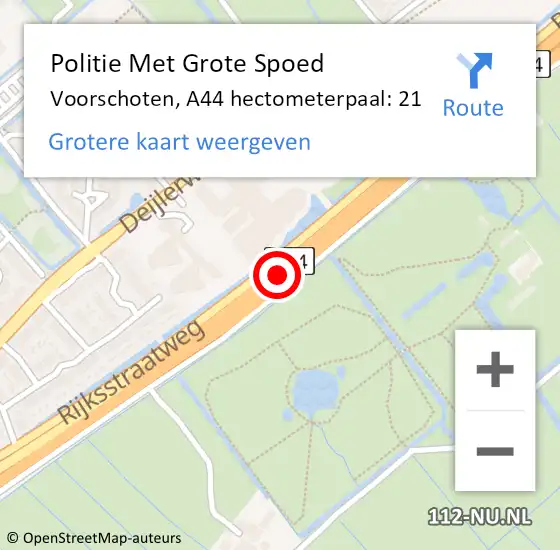 Locatie op kaart van de 112 melding: Politie Met Grote Spoed Naar Voorschoten, A44 hectometerpaal: 21 op 8 mei 2024 17:12