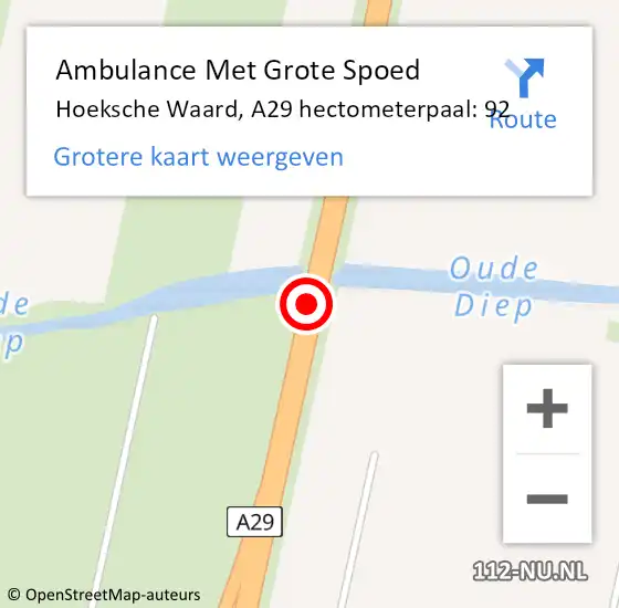 Locatie op kaart van de 112 melding: Ambulance Met Grote Spoed Naar Hoeksche Waard, A29 hectometerpaal: 92 op 8 mei 2024 17:37