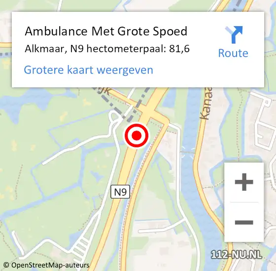 Locatie op kaart van de 112 melding: Ambulance Met Grote Spoed Naar Alkmaar, N9 hectometerpaal: 81,6 op 9 mei 2024 03:24