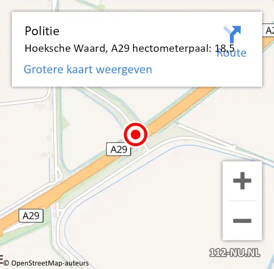 Locatie op kaart van de 112 melding: Politie Hoeksche Waard, A29 hectometerpaal: 18,5 op 9 mei 2024 10:59