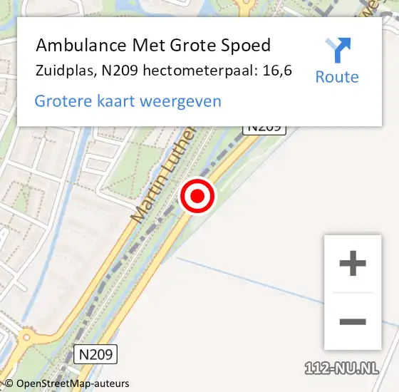 Locatie op kaart van de 112 melding: Ambulance Met Grote Spoed Naar Zuidplas, N209 hectometerpaal: 16,6 op 9 mei 2024 16:16