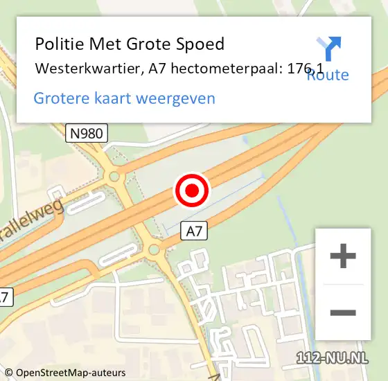Locatie op kaart van de 112 melding: Politie Met Grote Spoed Naar Westerkwartier, A7 hectometerpaal: 176,1 op 9 mei 2024 18:10