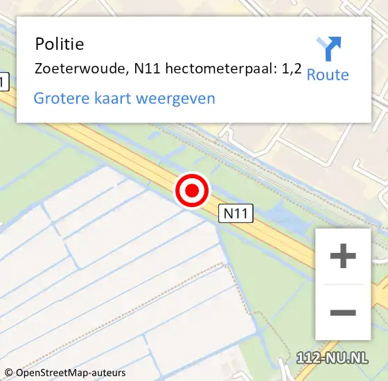 Locatie op kaart van de 112 melding: Politie Zoeterwoude, N11 hectometerpaal: 1,2 op 9 mei 2024 18:27