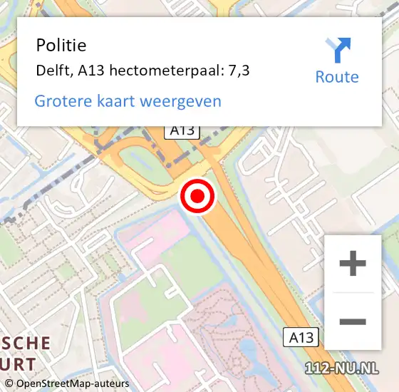 Locatie op kaart van de 112 melding: Politie Delft, A13 hectometerpaal: 7,3 op 9 mei 2024 18:52