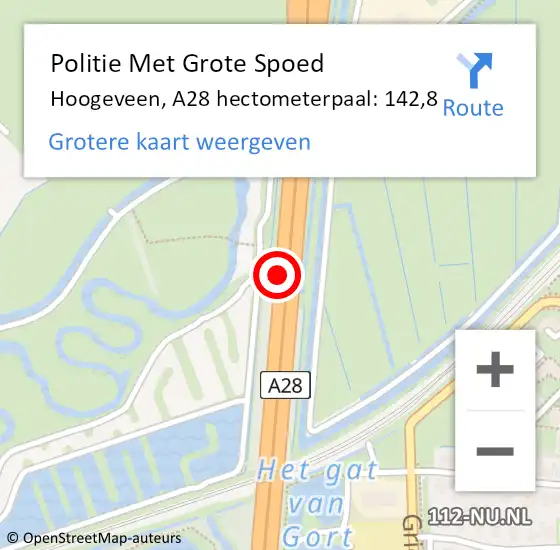 Locatie op kaart van de 112 melding: Politie Met Grote Spoed Naar Hoogeveen, A28 hectometerpaal: 142,8 op 10 mei 2024 09:12