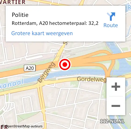 Locatie op kaart van de 112 melding: Politie Rotterdam, A20 hectometerpaal: 32,2 op 10 mei 2024 11:29
