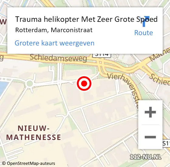 Locatie op kaart van de 112 melding: Trauma helikopter Met Zeer Grote Spoed Naar Rotterdam, Marconistraat op 10 mei 2024 12:16