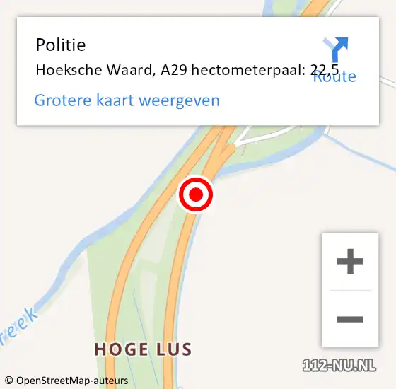 Locatie op kaart van de 112 melding: Politie Hoeksche Waard, A29 hectometerpaal: 22,5 op 10 mei 2024 14:51