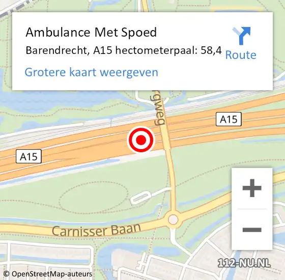 Locatie op kaart van de 112 melding: Ambulance Met Spoed Naar Barendrecht, A15 hectometerpaal: 58,4 op 10 mei 2024 19:04