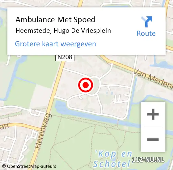 Locatie op kaart van de 112 melding: Ambulance Met Spoed Naar Heemstede, Hugo De Vriesplein op 10 november 2013 10:35