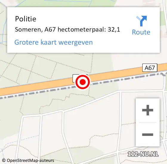 Locatie op kaart van de 112 melding: Politie Someren, A67 hectometerpaal: 32,1 op 31 mei 2021 23:39