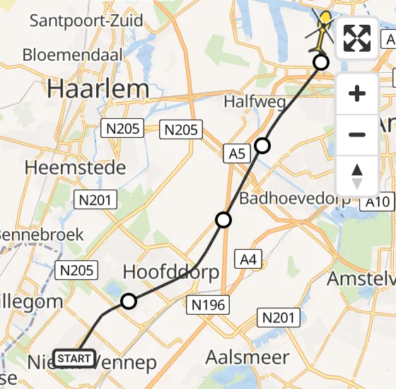 Vlucht Traumahelikopter PH-TTR van Nieuw-Vennep naar Amsterdam Heliport op dinsdag 16 april 2024 19:26