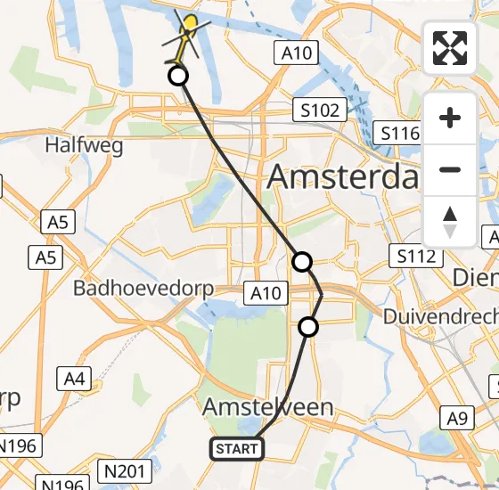 Vlucht Traumahelikopter PH-TTR van Amstelveen naar Amsterdam Heliport op zaterdag 27 april 2024 17:40