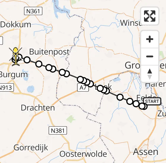 Vlucht Traumahelikopter PH-DOC van Groningen Airport Eelde naar Feanwâlden op dinsdag 30 april 2024 18:50