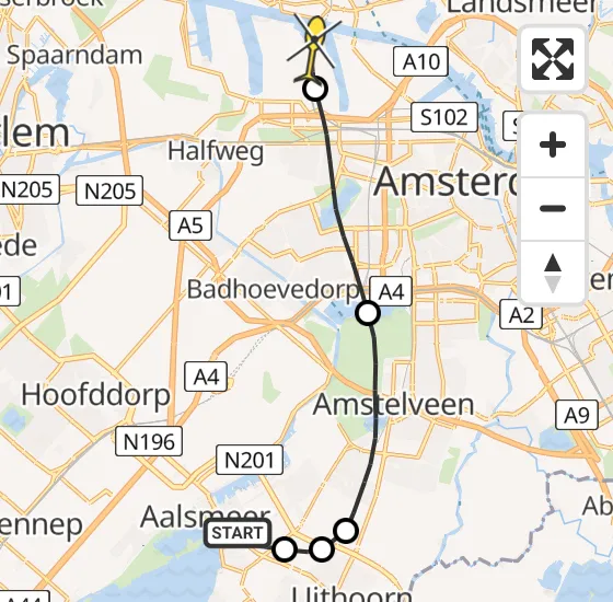 Vlucht Traumahelikopter PH-TTR van Aalsmeer naar Amsterdam Heliport op zondag 5 mei 2024 18:57