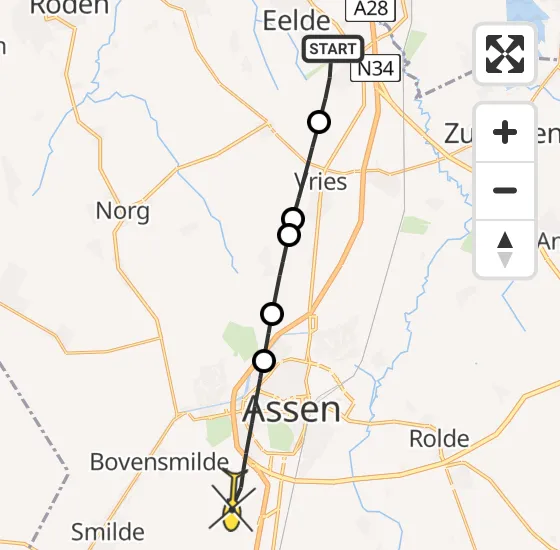 Vlucht Traumahelikopter PH-DOC van Groningen Airport Eelde naar Assen op donderdag 9 mei 2024 10:21